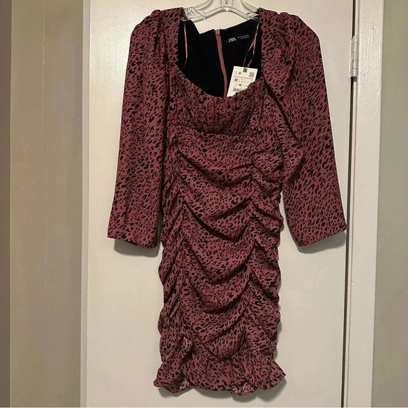 NWT Zara Draped Pink Leopard Print Mini Dress size M - Picture 2 of 7